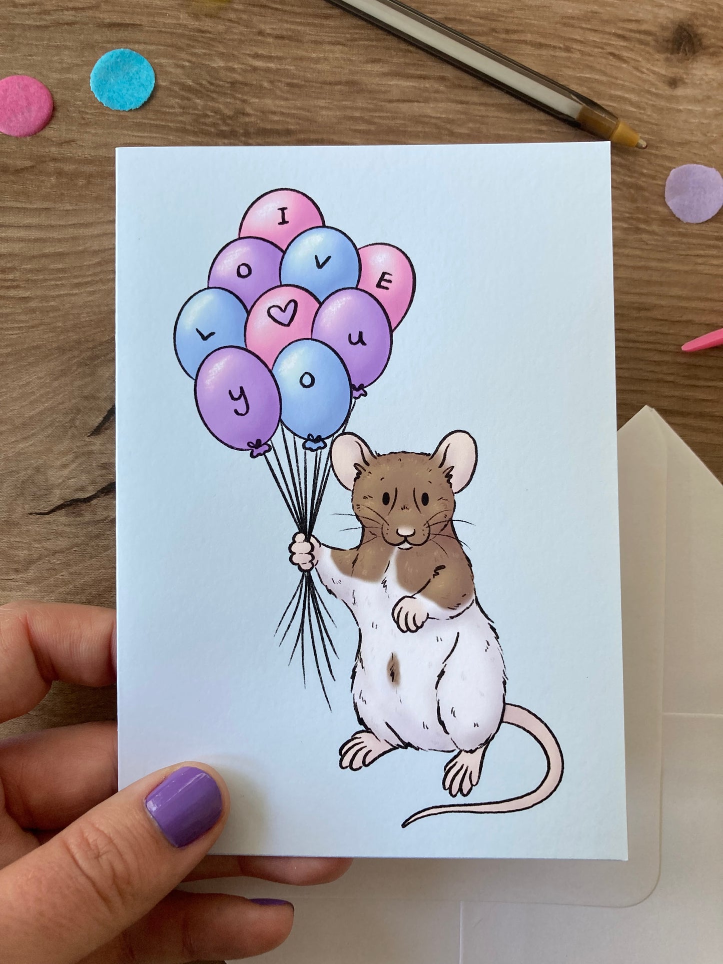I Love You Balloon Rat | Cute Rat Greeting Card | Fancy Rat Love Blank Greeting Card