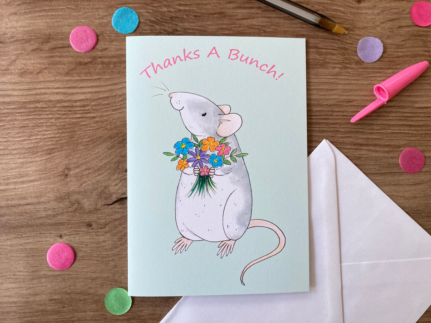 Thanks A Bunch | Cute Roan Rat Blank Greeting Card | Fancy Rat Gift
