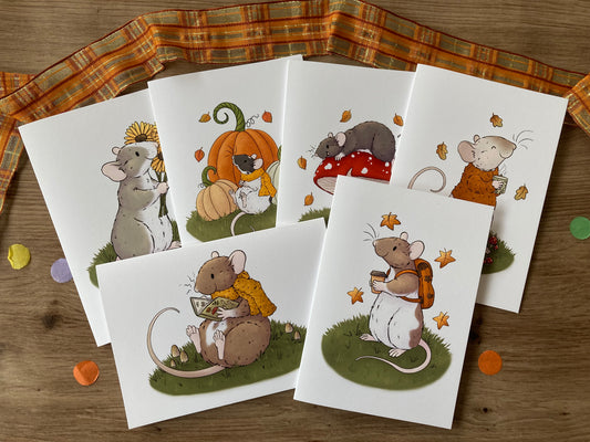Autumn Ratty Greeting Card Bundle | Pack Of 6 Autumn Rat Blank Greeting Cards