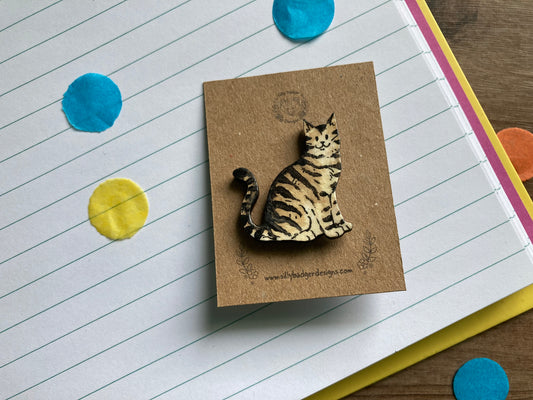 Charli | Tabby Cat Pin Badge | Hand Painted Wooden Cat Badge Accessory