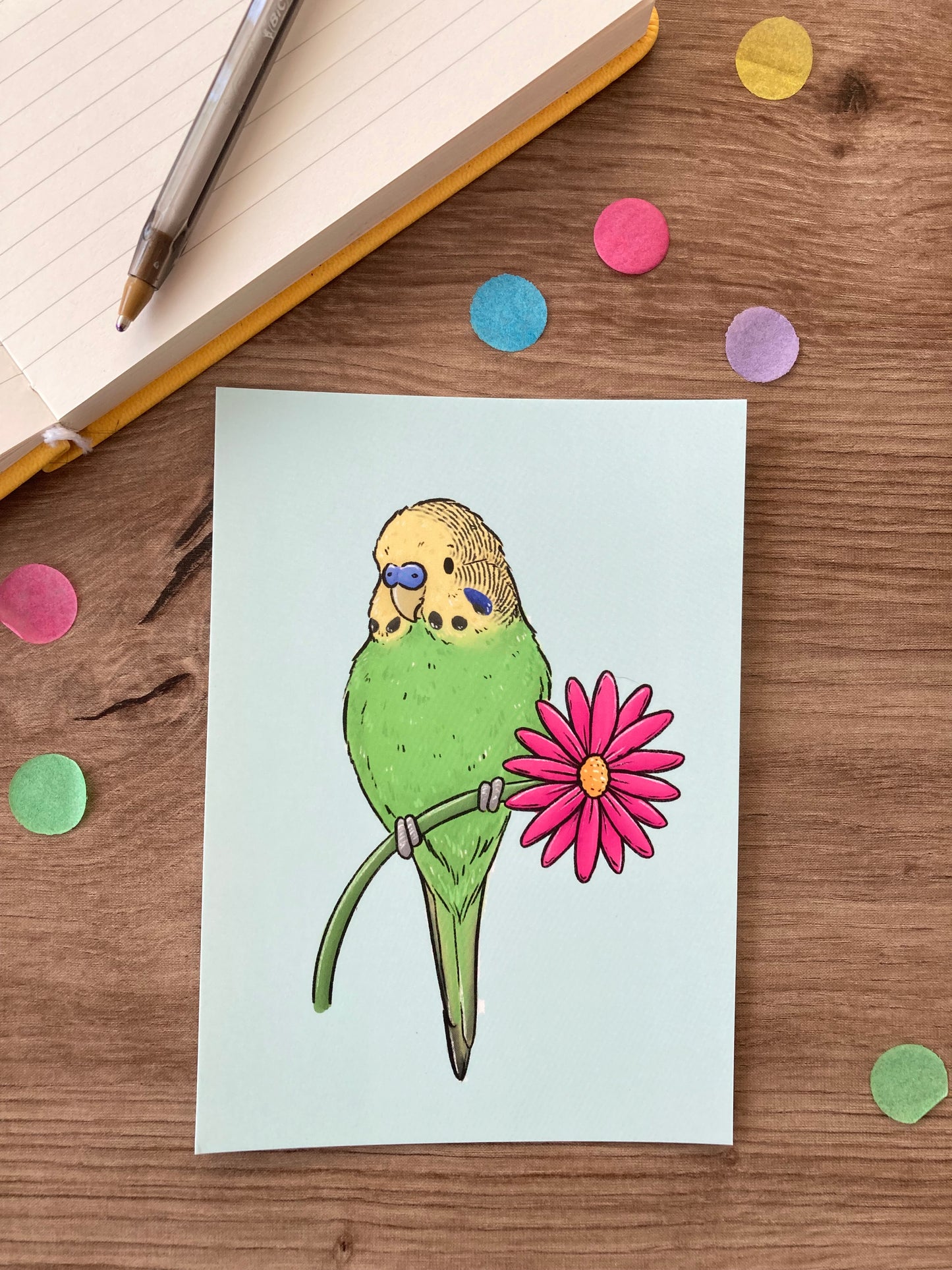 Spring Budgie | Cute Green Budgie A6 Postcard | Budgerigar Gift
