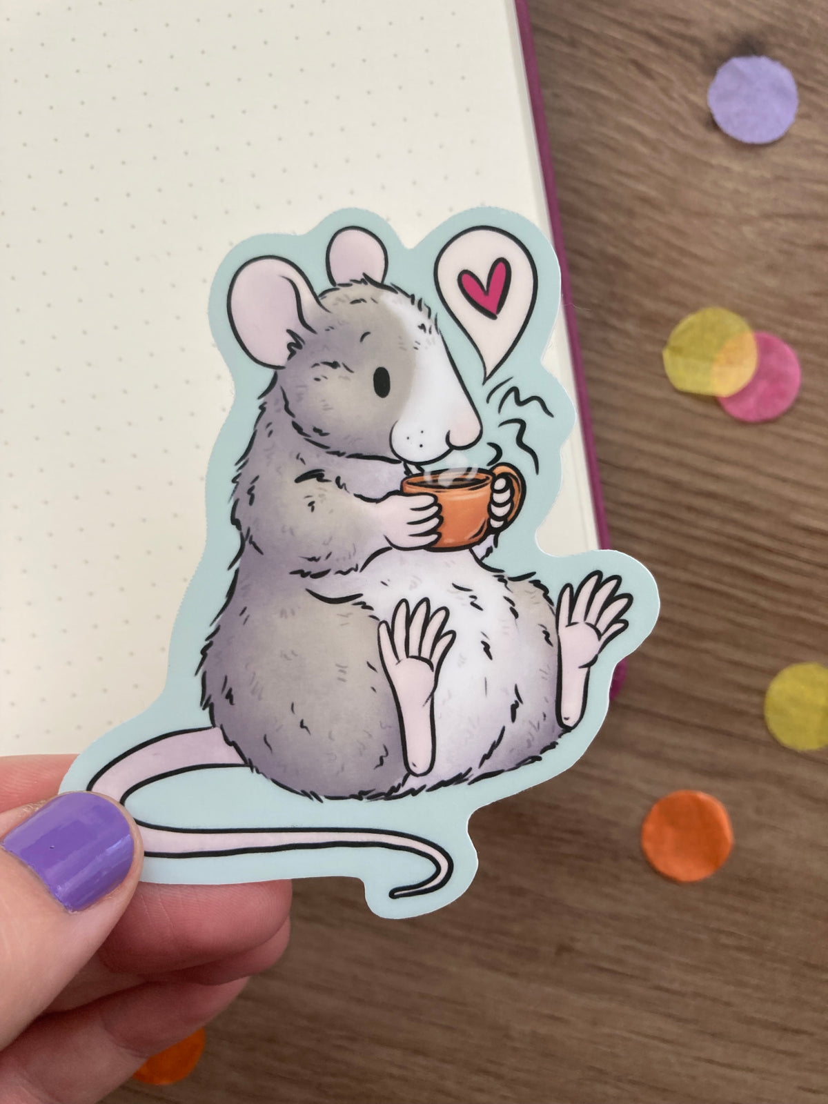 Cosy Coffee Rat Vinyl Sticker | Whimsical Autumn Animal Art | Rat Gift