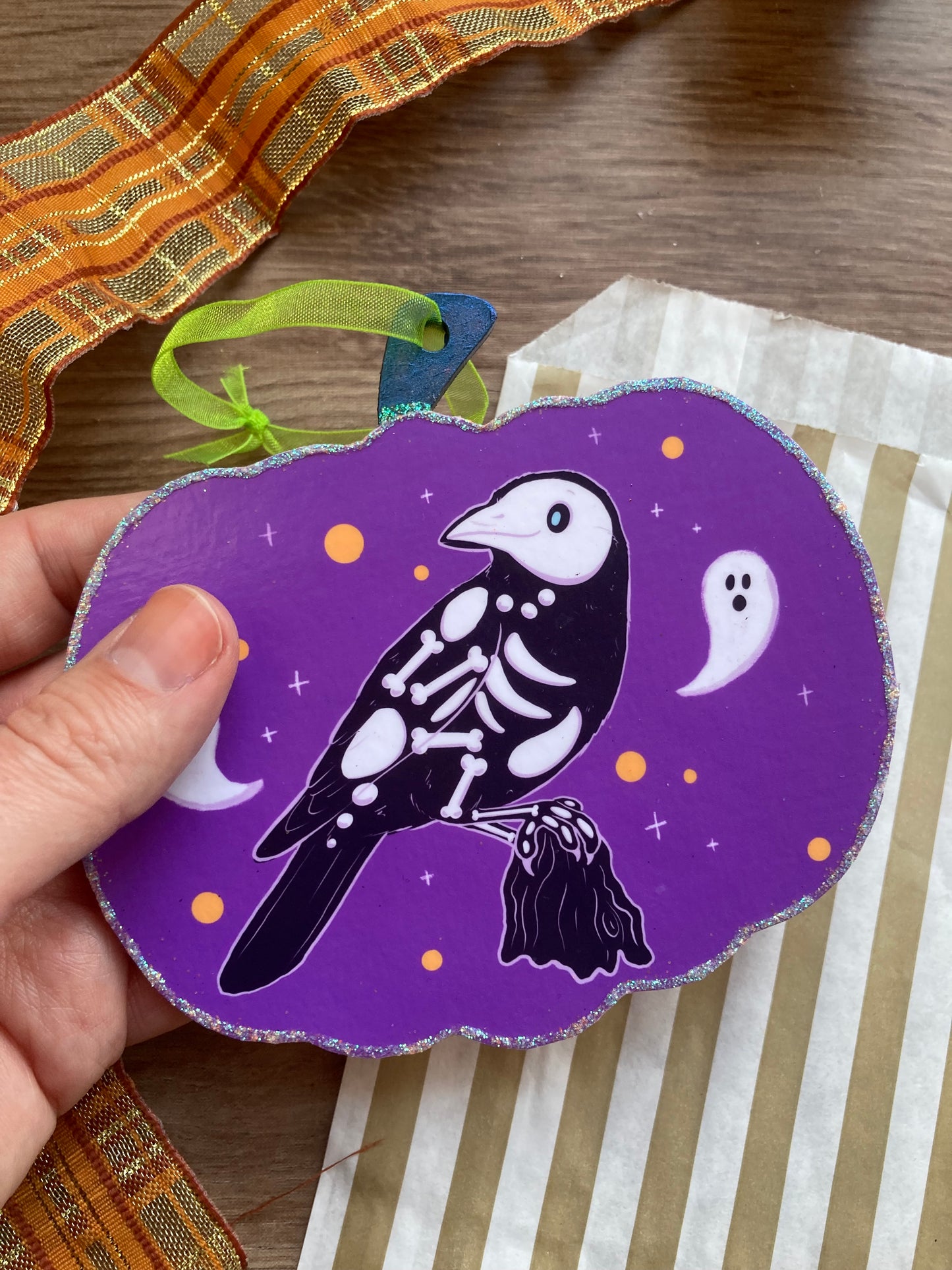 Trick The Crow Spooky Gang Pumpkin Halloween Decoration - Handmade Pumpkin Halloween Ornament - Cute Spooky Crow Art