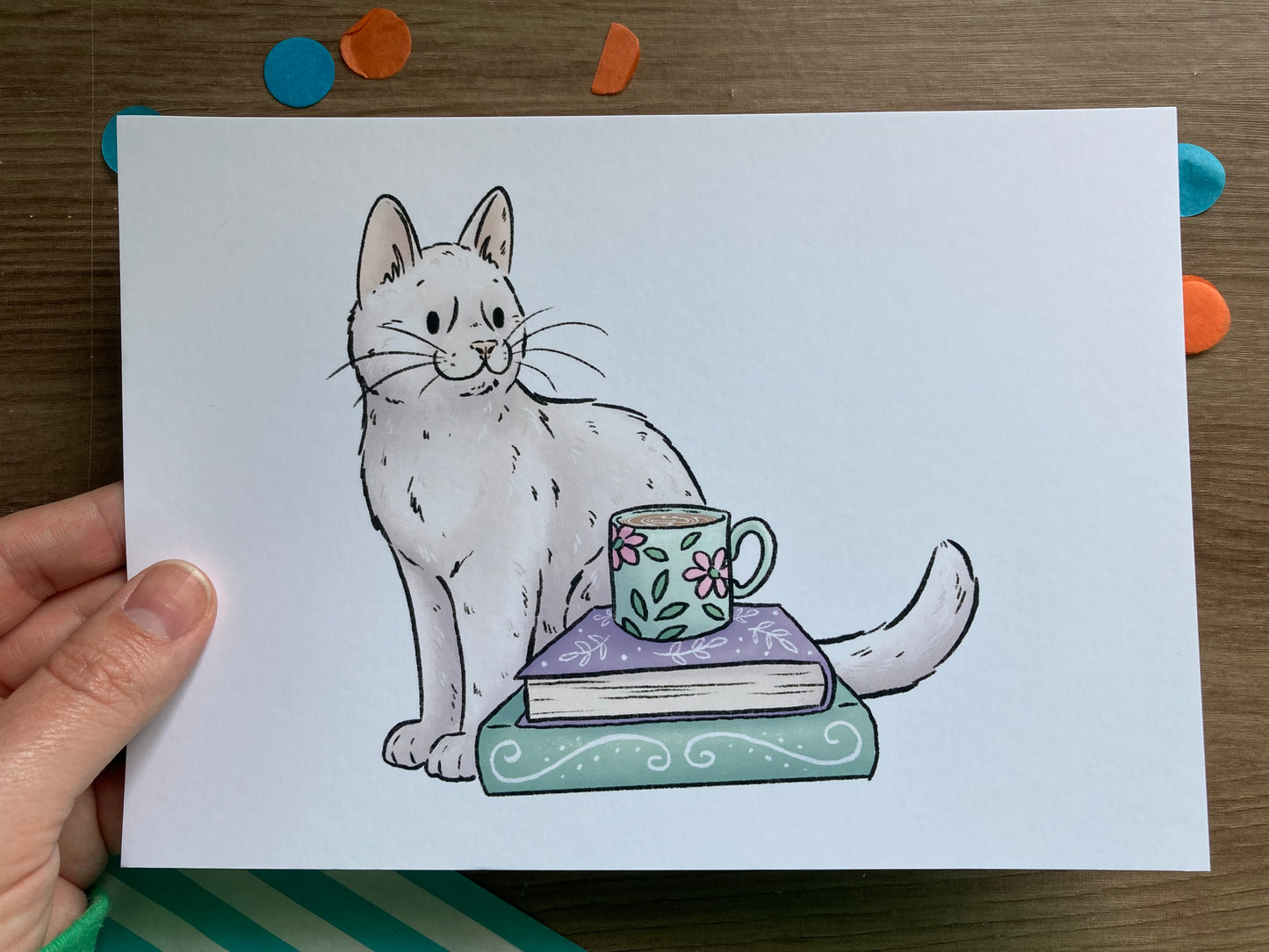 Coffee Cat | Cute White Cat Art Print