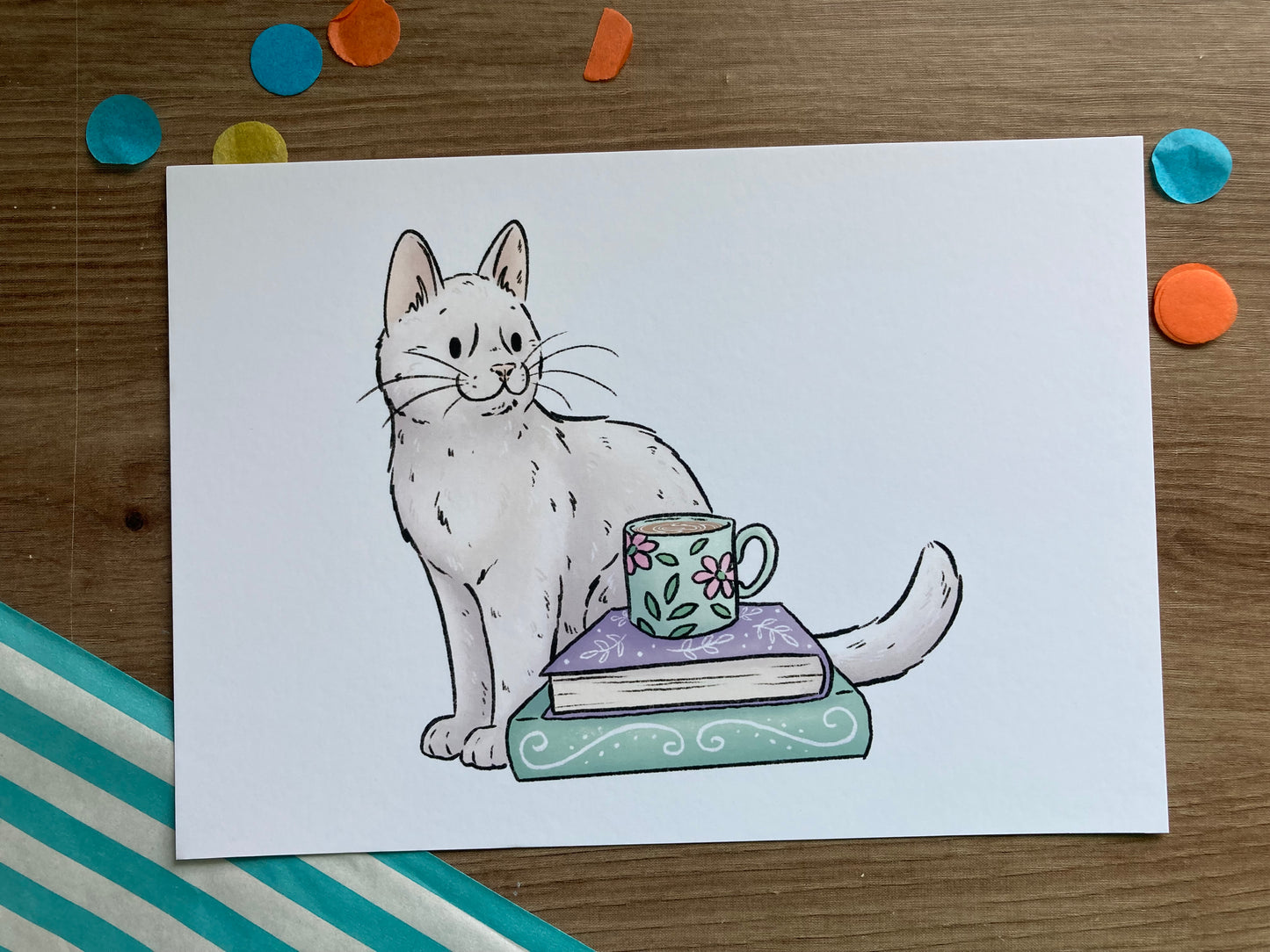 Coffee Cat | Cute White Cat Art Print