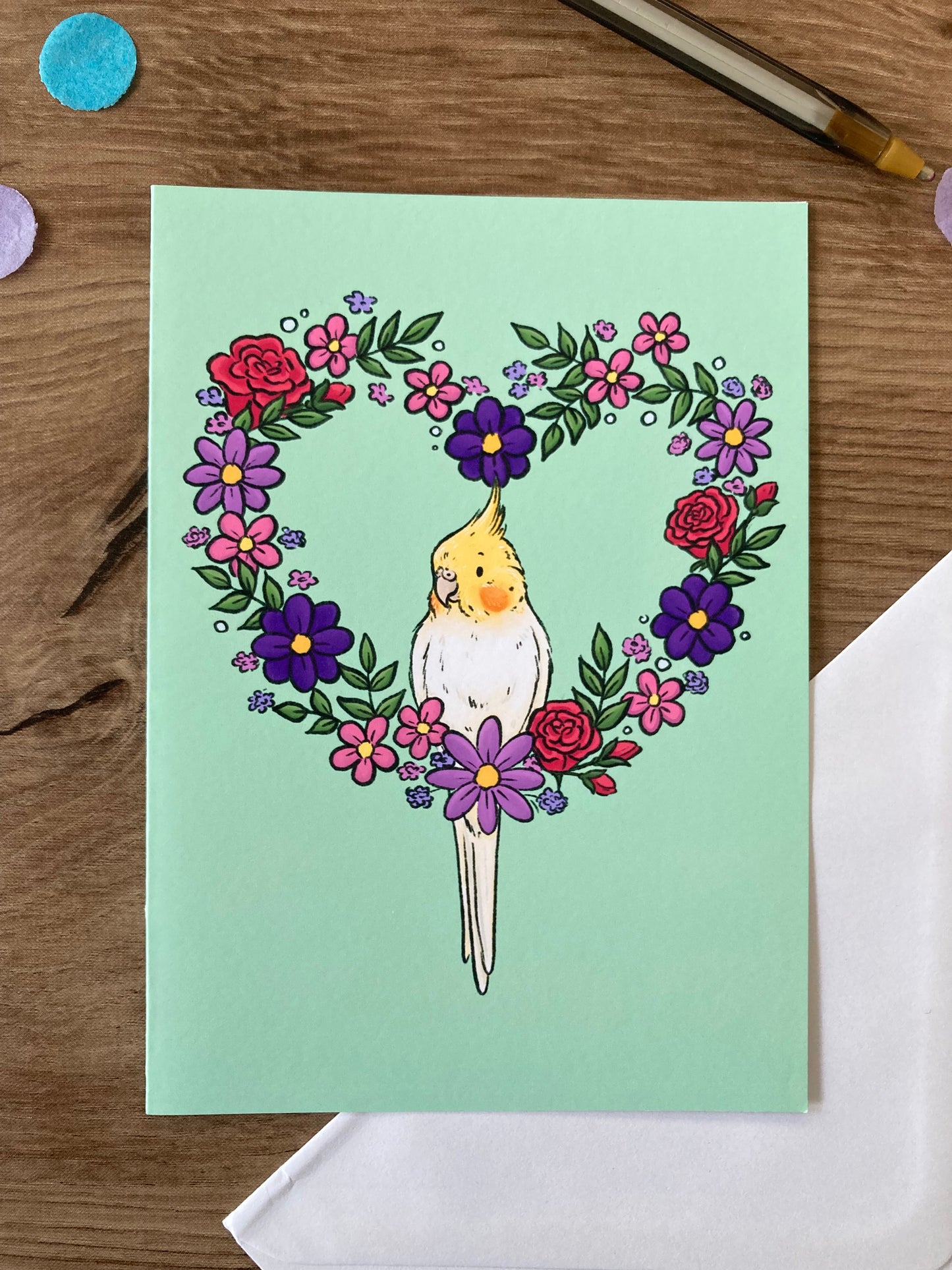 Cockatiel Flower Heart | Cute Cockatiel Blank Greeting Card | Cockatiel Gift