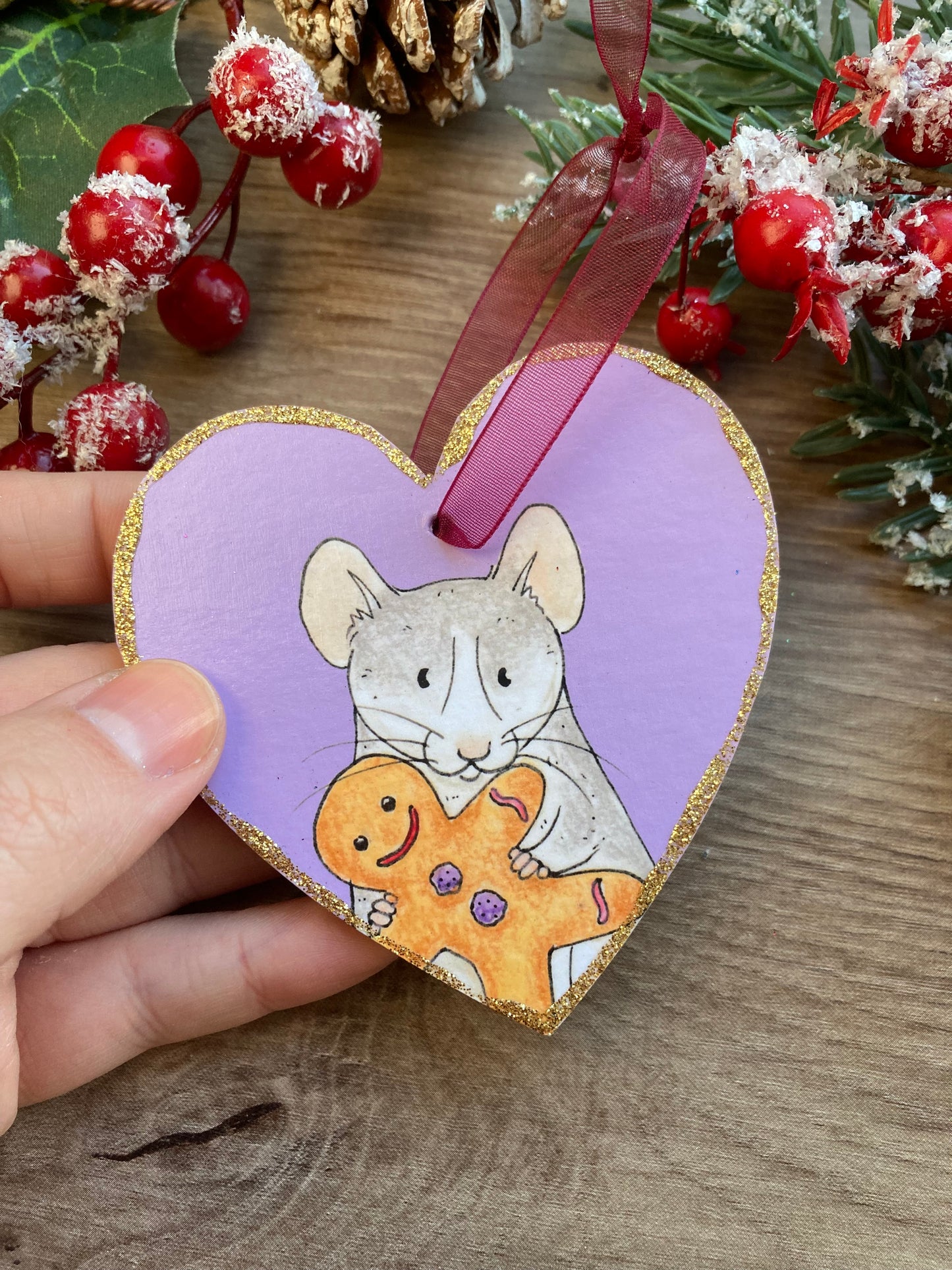 Gingerbread Rat Hanging Heart Christmas Tree Decoration - Cute Pet Rat Christmas Tree Ornament - Fun Pet Rat Christmas Gift