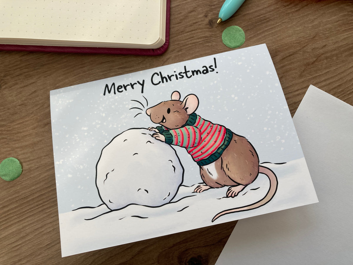 Snow Ball Rat Christmas Card | Blank A6 Greeting Card | Rat Gift