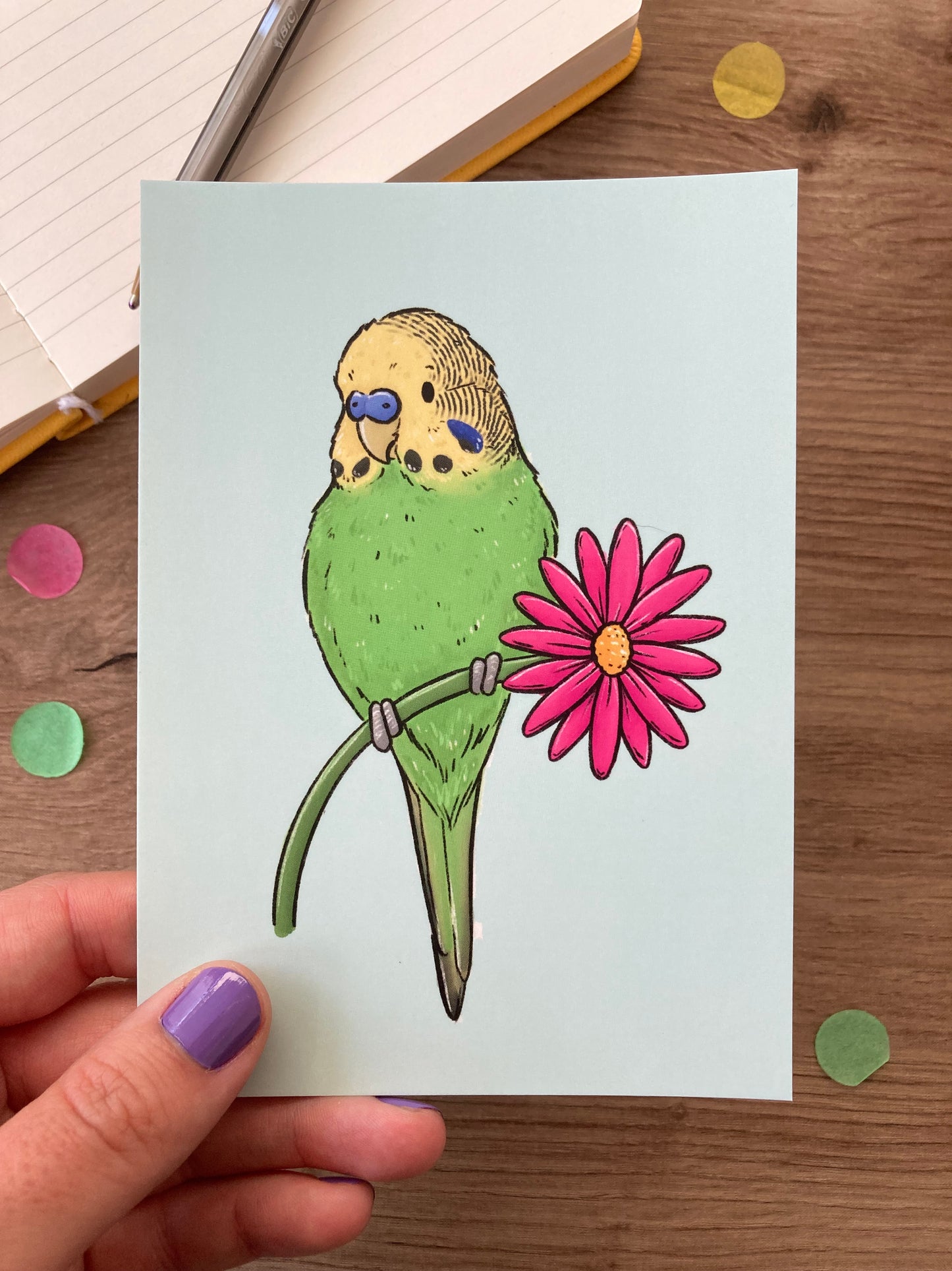 Spring Budgie | Cute Green Budgie A6 Postcard | Budgerigar Gift