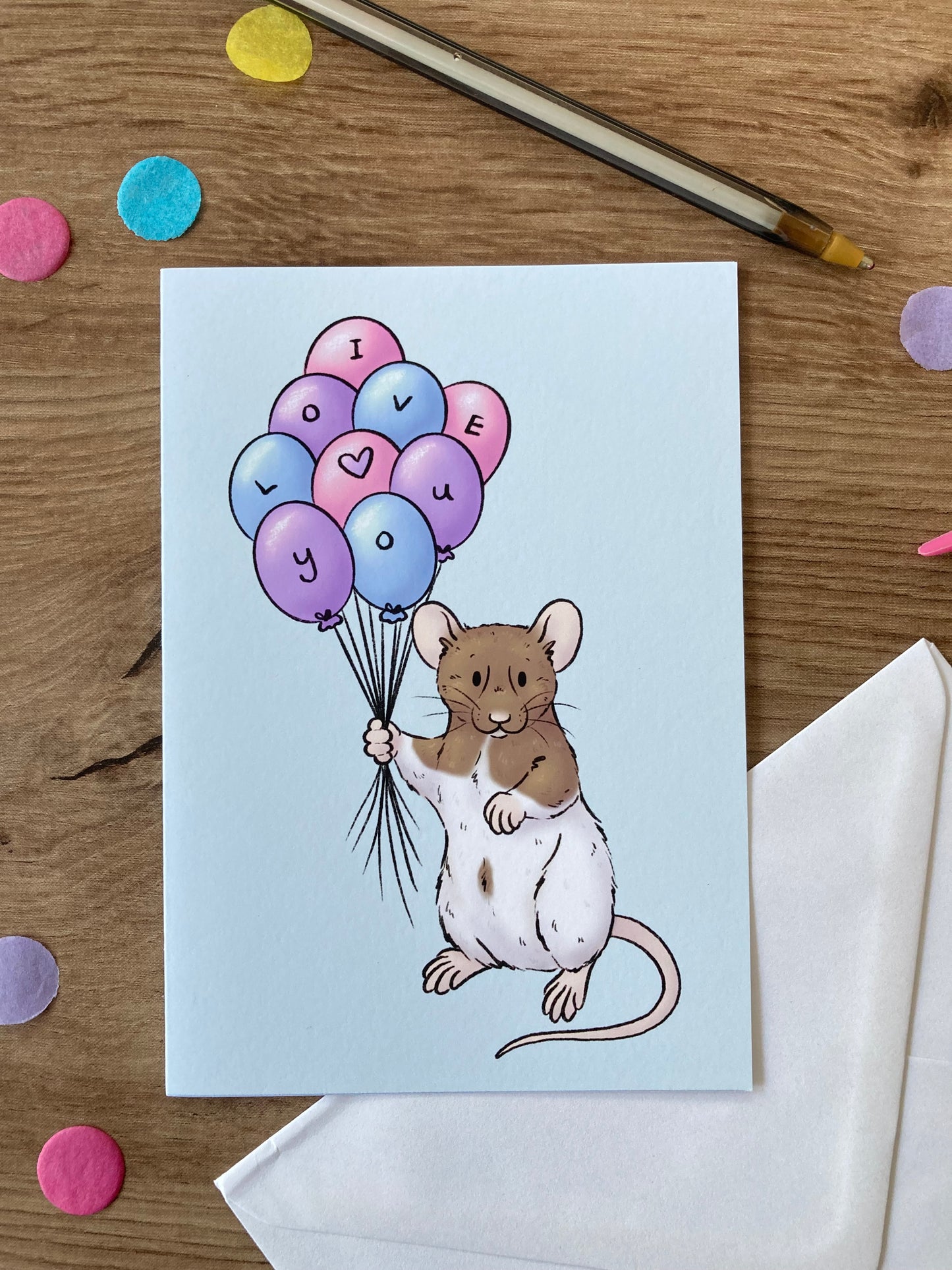 I Love You Balloon Rat | Cute Rat Greeting Card | Fancy Rat Love Blank Greeting Card