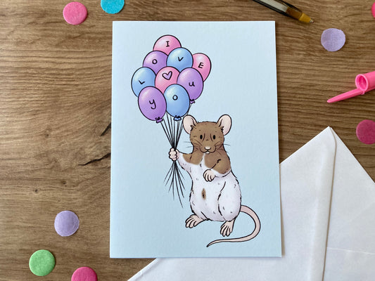 I Love You Balloon Rat | Cute Rat Greeting Card | Fancy Rat Love Blank Greeting Card