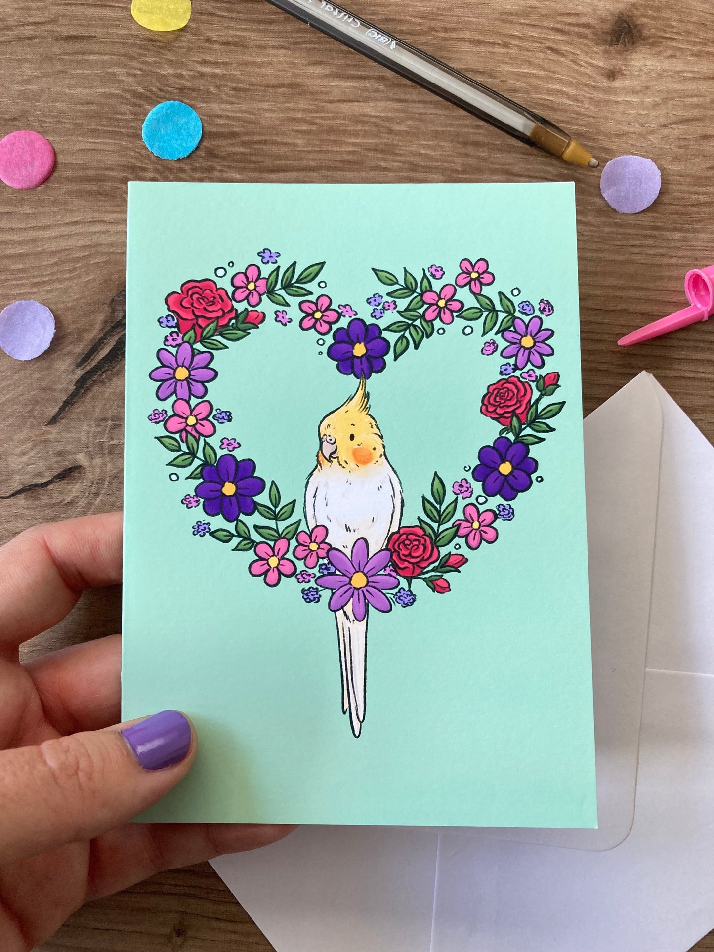Cockatiel Flower Heart | Cute Cockatiel Blank Greeting Card | Cockatiel Gift