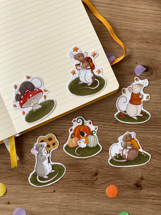 Autumn Ratties Sticker Pack | Pack Of 6 Cute Rat Stickers | Fun Glossy Paper Rat Stickers
