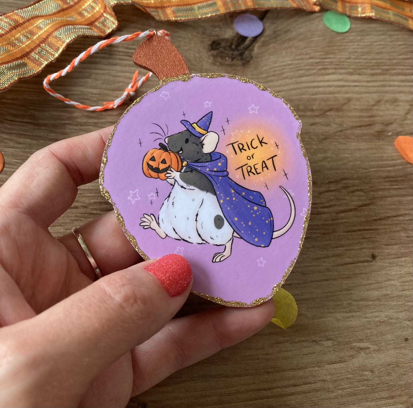 Trick Or Treat Ratty | Cute Rat Halloween Decoration | Pet Rat Wooden Acorn Halloween Ornament