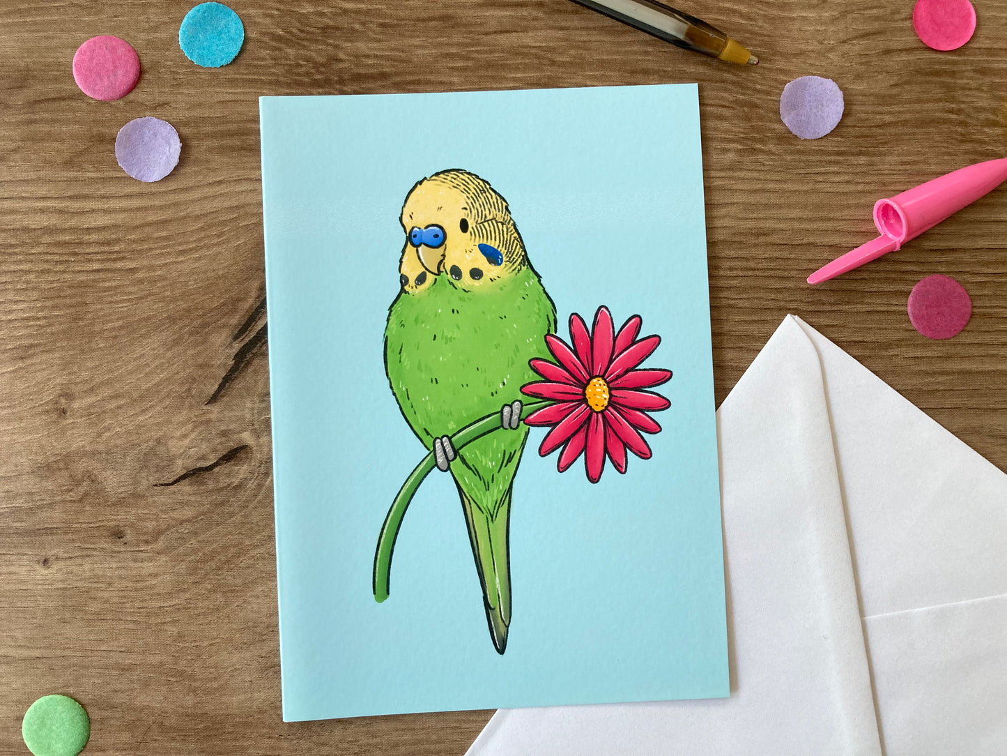 Spring Budgie | Cute Green Budgie Blank Greeting Card | Budgie Gift