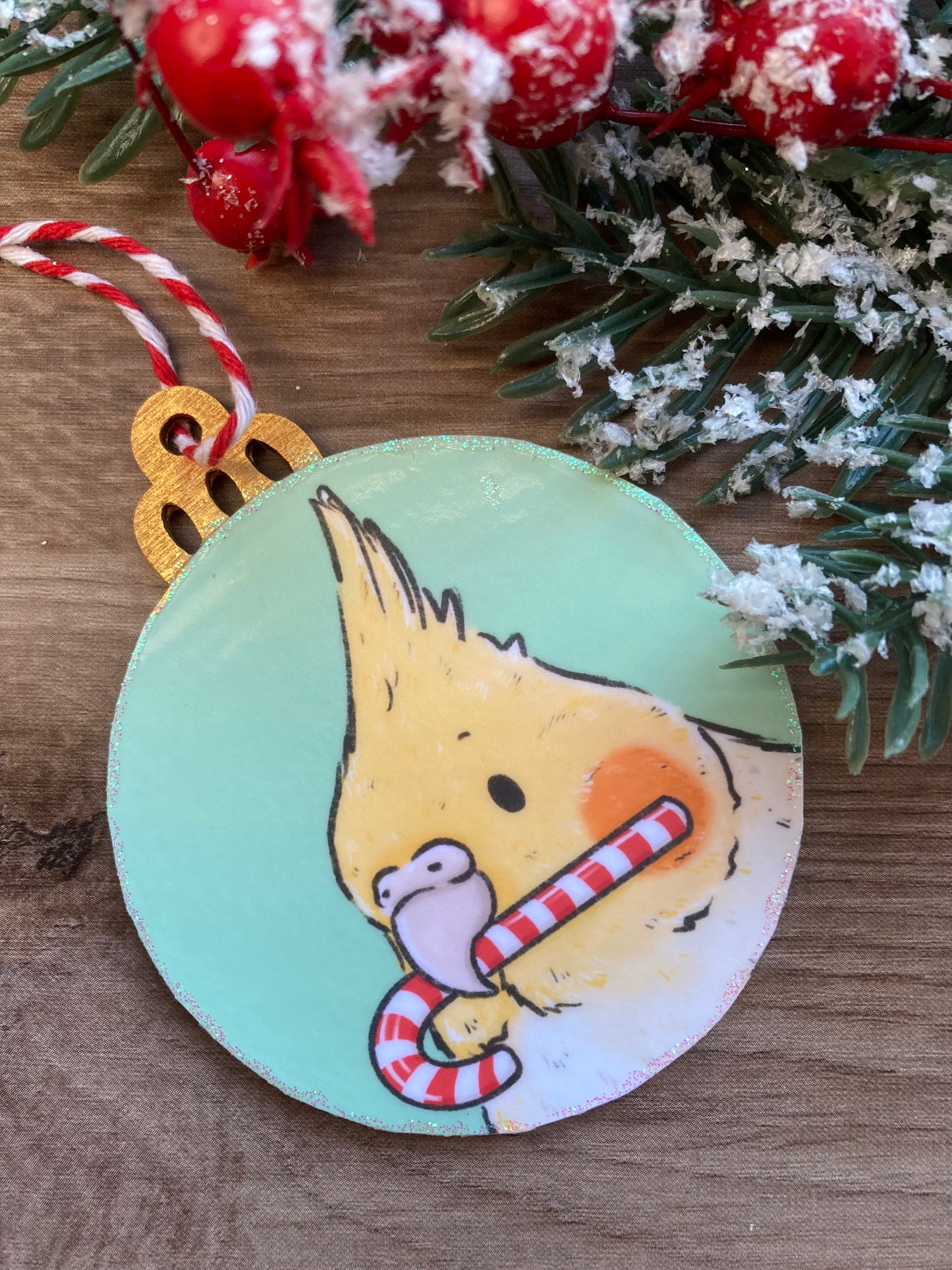 Candy Cane Thief | Cute Cockatiel Christmas Tree Bauble
