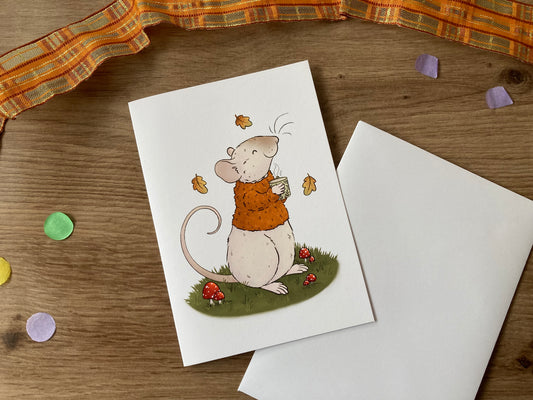 Cosy Autumn | Cute Pet Rat Greeting Card | Autumn Blank Greeting Card