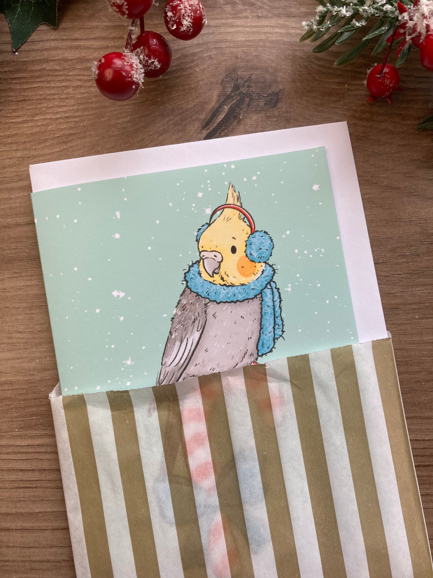 Candy Cane Cockatiel A6 Christmas Card - Blank A6 Cockatiel Greeting Card - Cute Cockatiel Gift
