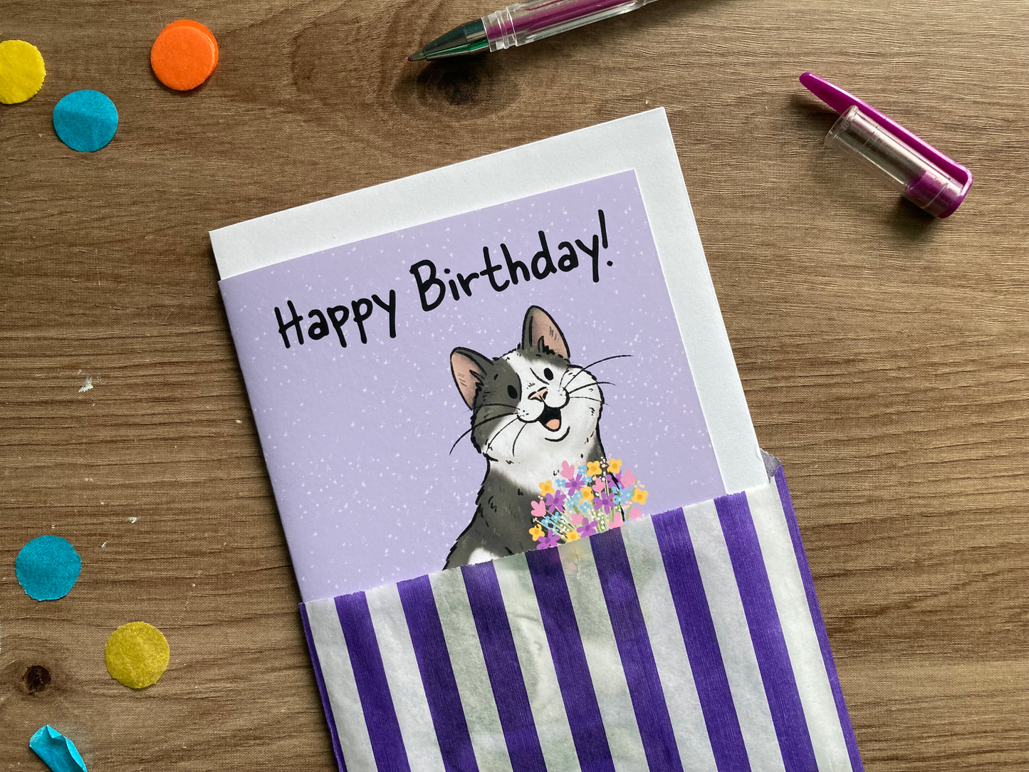 Happy Birthday Cat Card | Cute Black and White Cat With Flowers | Blank Greeting Card