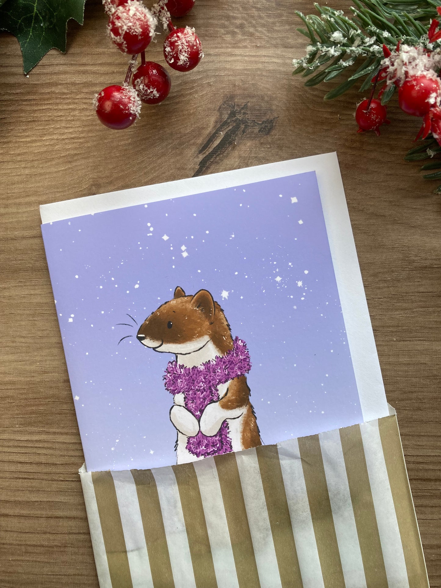 Christmas Stoat A6 Greeting Card - Blank Stoat Christmas Card - Wildlife Christmas Card