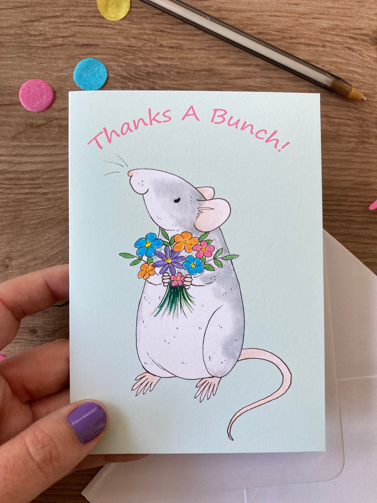 Thanks A Bunch | Cute Roan Rat Blank Greeting Card | Fancy Rat Gift