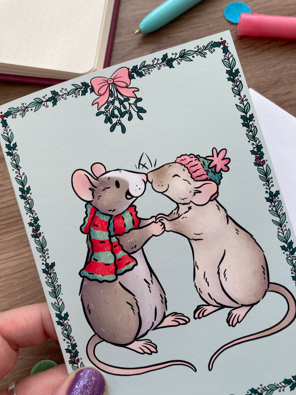 Mistletoe Kisses Rat Christmas Card | Blank A6 Greeting Card | Rat Gift