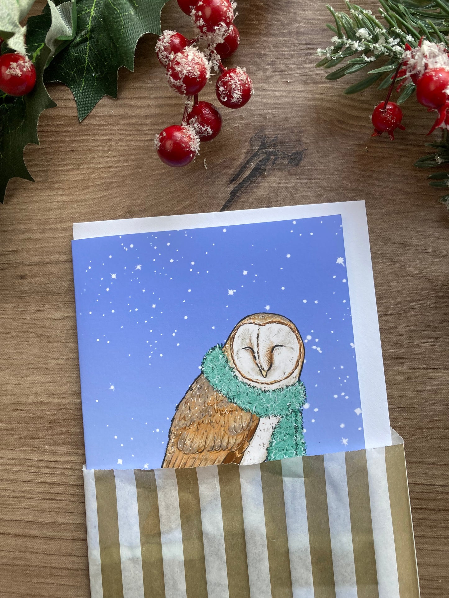 Barn Owl A6 Blank Greeting Card - Cute Owl In The Snow Christmas Card - Blank Winter Wildlife Card