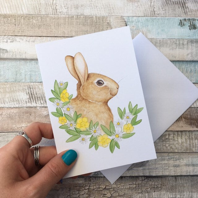 Floral rabbit blank greeting card, a6 size, watercolour bunny design, blank inside, with white envelope.