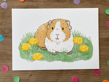 Dandelion Guinea Pig | Spring Guinea Pig Art Print | Guinea Pig Artwork