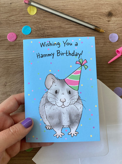 Hammy Birthday | Cute Hamster Birthday Card | Grey Syrian Hamster Blank Greeting Card