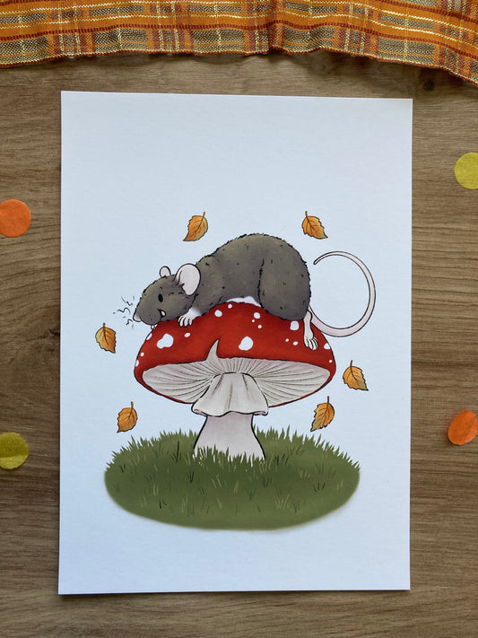 Toadstool Hugs Cute Rat Art Print | Cute Rat Art Print | Autumn Rat Artwork