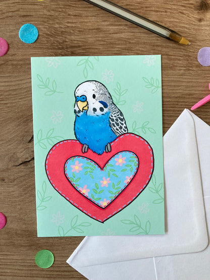 Budgie Heart | Blue Budgie Blank Greeting Card | Blue Budgie Gift