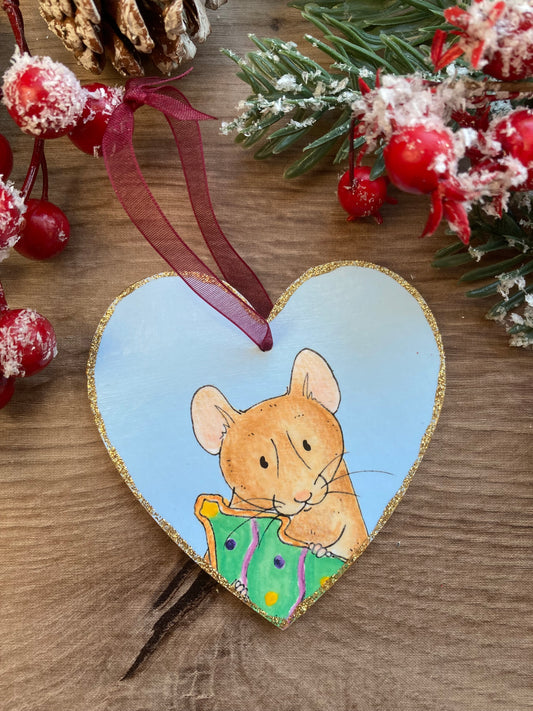 Cookie Rat Wooden Heart Christmas Tree Decoration - Cute Pet Rat Hanging Christmas Tree Ornament - Cute Rat Cristmas Gift