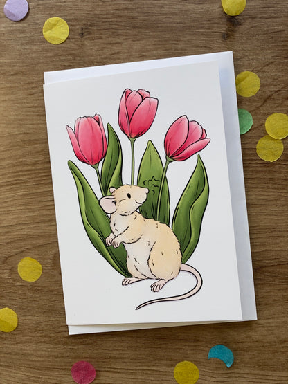 Tulip Rat Greeting Card | Flower Rat A6 Greeting card