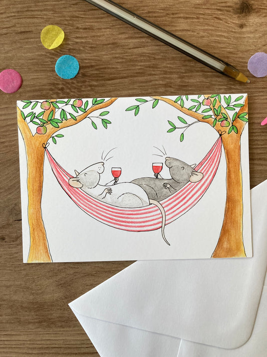 Summer Rats | Cute Rat Blank Greeting Card | Rat Hammock Greeting Card