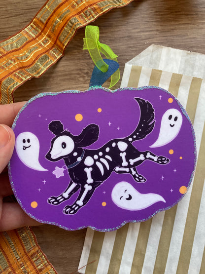 Shadow The Dog - Spooky Gang Halloween Hanging Decoration - Wooden Pumpkin Hanging Ornament - Handmade Halloween Dog Ornament