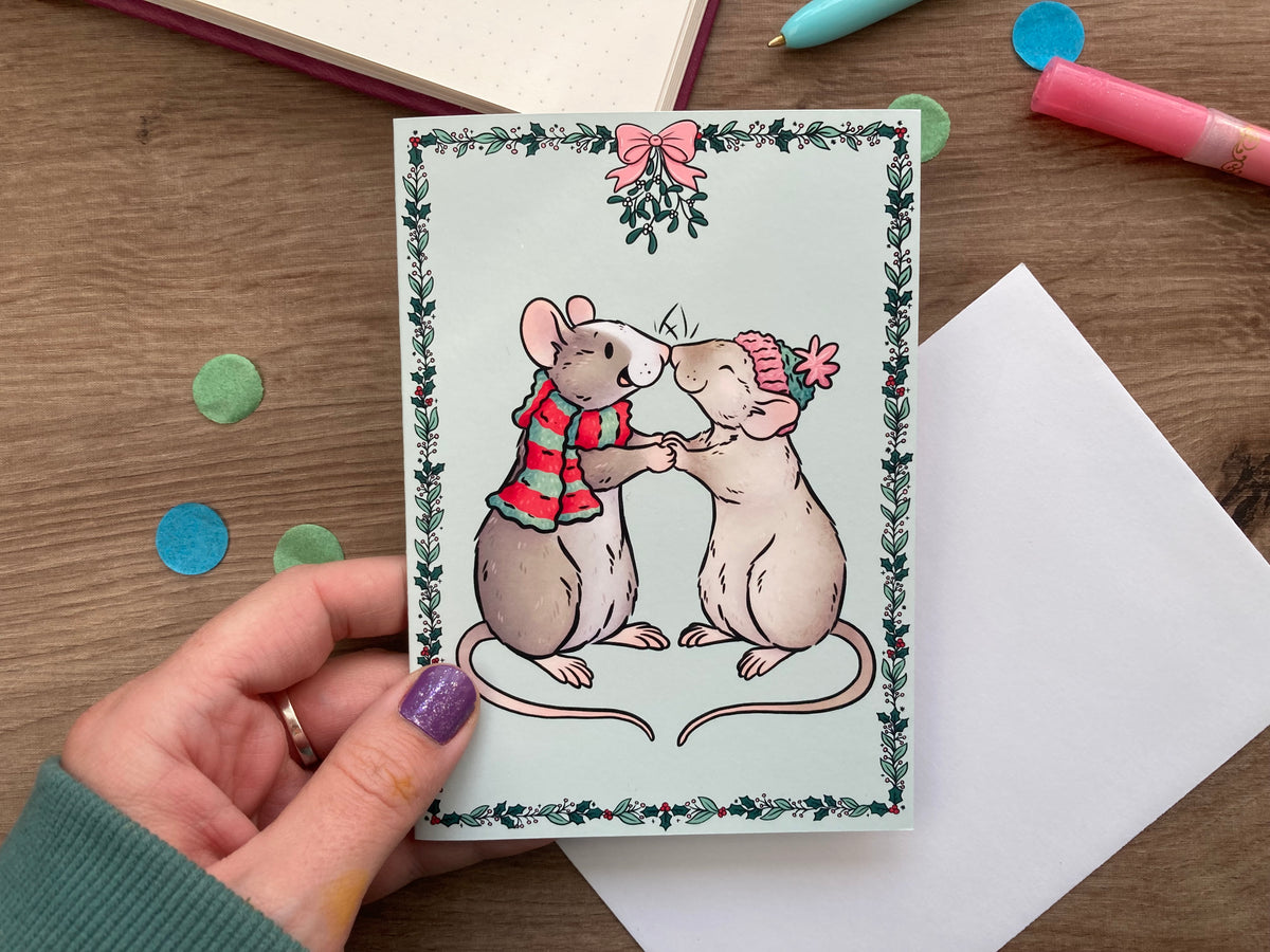 Mistletoe Kisses Rat Christmas Card | Blank A6 Greeting Card | Rat Gift