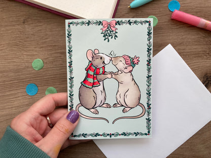 Mistletoe Kisses Rat Christmas Card | Blank A6 Greeting Card | Rat Gift