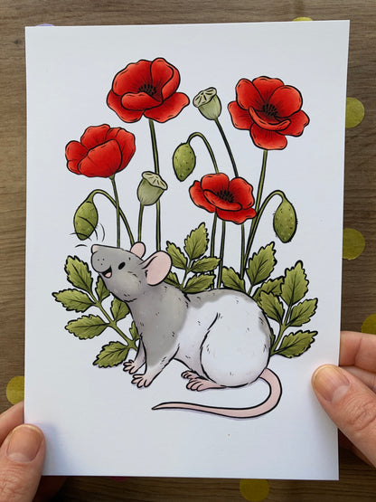 Poppy Rat Art Print | Flower Rat Wall Art