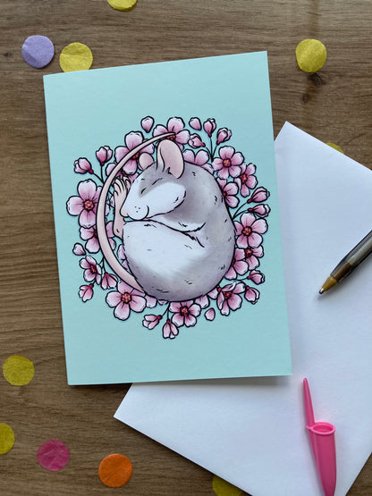 Cherry Blossom Rat Greeting Card | Roan Rat A6 Greeting Card