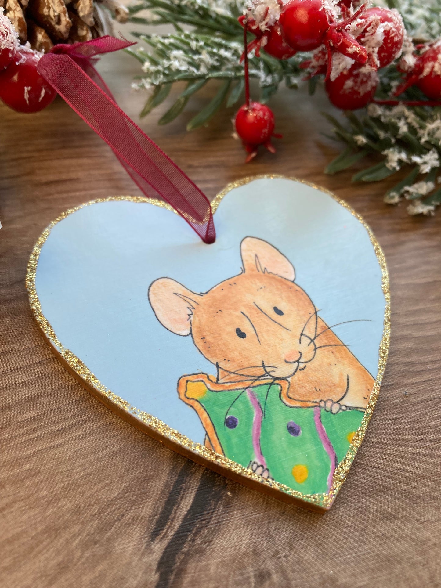 Cookie Rat Wooden Heart Christmas Tree Decoration - Cute Pet Rat Hanging Christmas Tree Ornament - Cute Rat Cristmas Gift