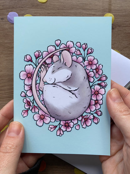 Cherry Blossom Rat Greeting Card | Roan Rat A6 Greeting Card