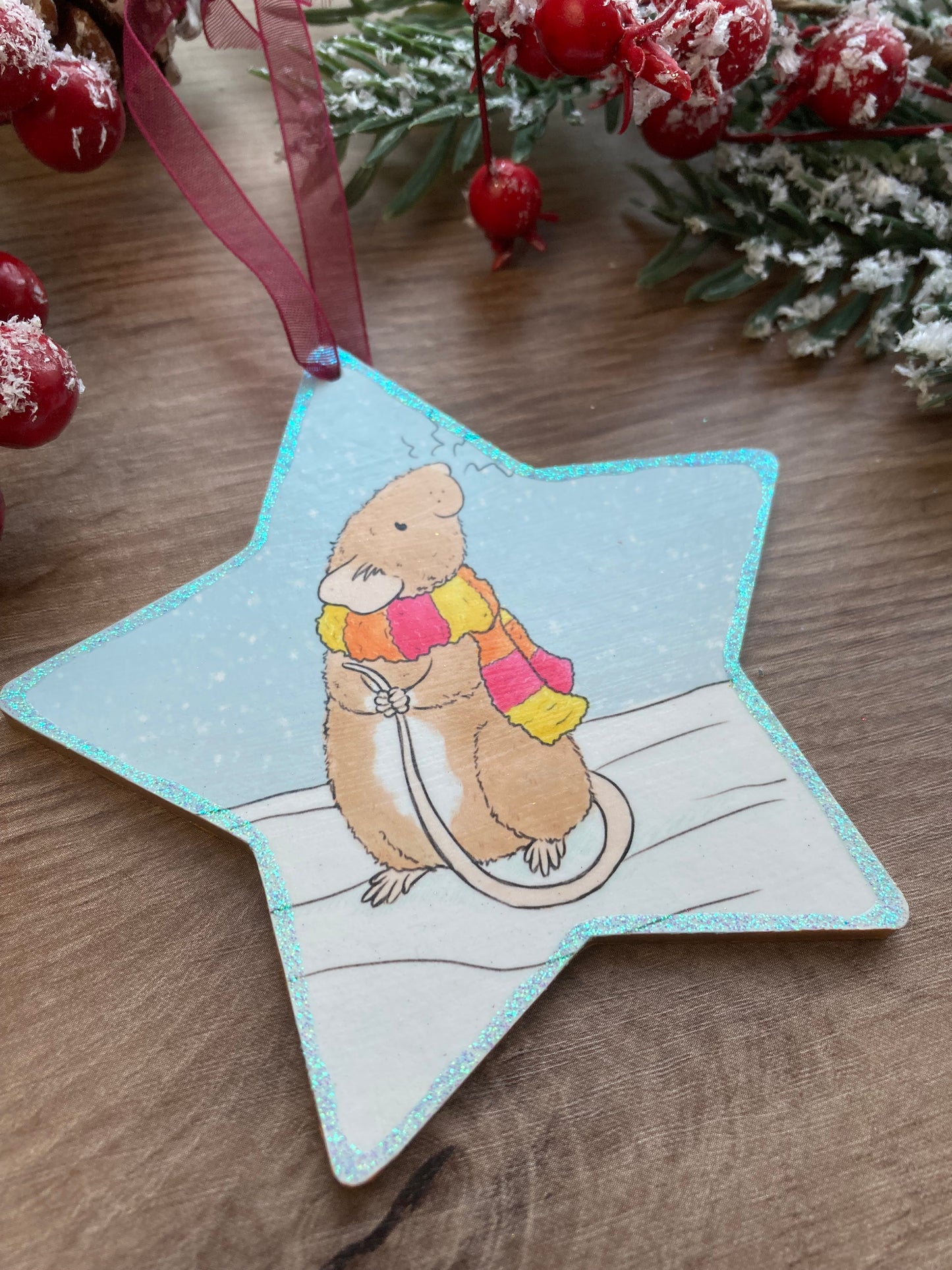 Christmas Ratty Scarf Star Tree Decoration - Cute Rat Christmas Hanging Tree Ornament - Fun Rat Christmas Gift