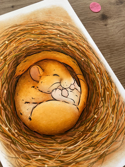 Sleeping Dormouse A5 Art Print | Whimsical Mouse Artwork | Wildlife Gift
