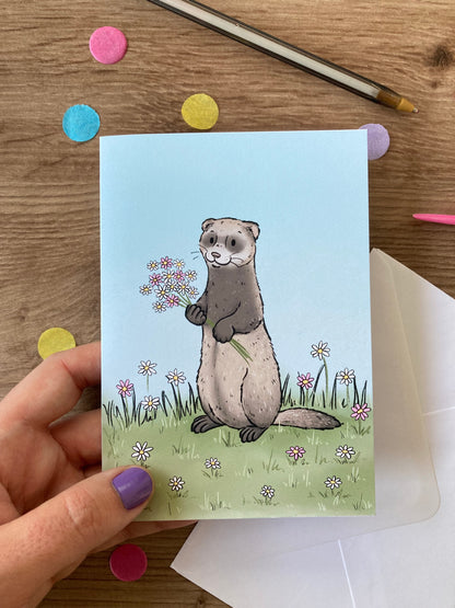 Ferret With Flowers | Cute Ferret Blank Greeting Card | Ferret Gift