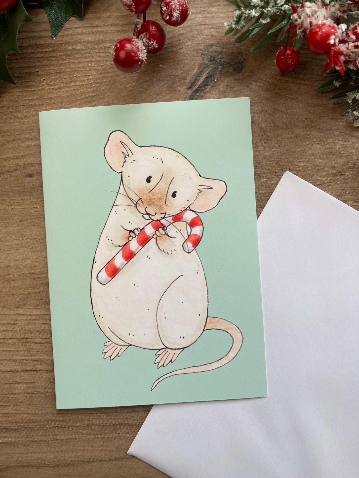 Candy Cane Rat A6 Christmas Card - Blank Pet Rat Greeting Card - Dumbo Rat Christmas Gift