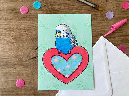 Budgie Heart | Blue Budgie Blank Greeting Card | Blue Budgie Gift