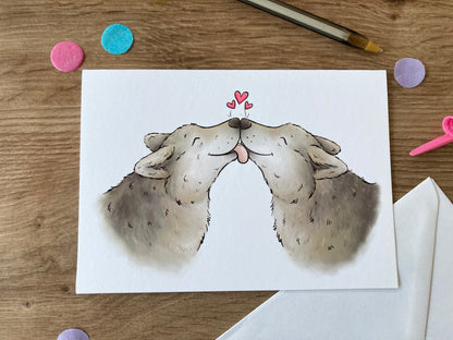Wolf Kisses | Cute Wolf Couple Blank Greeting Card | Grey Wolf Love Gift