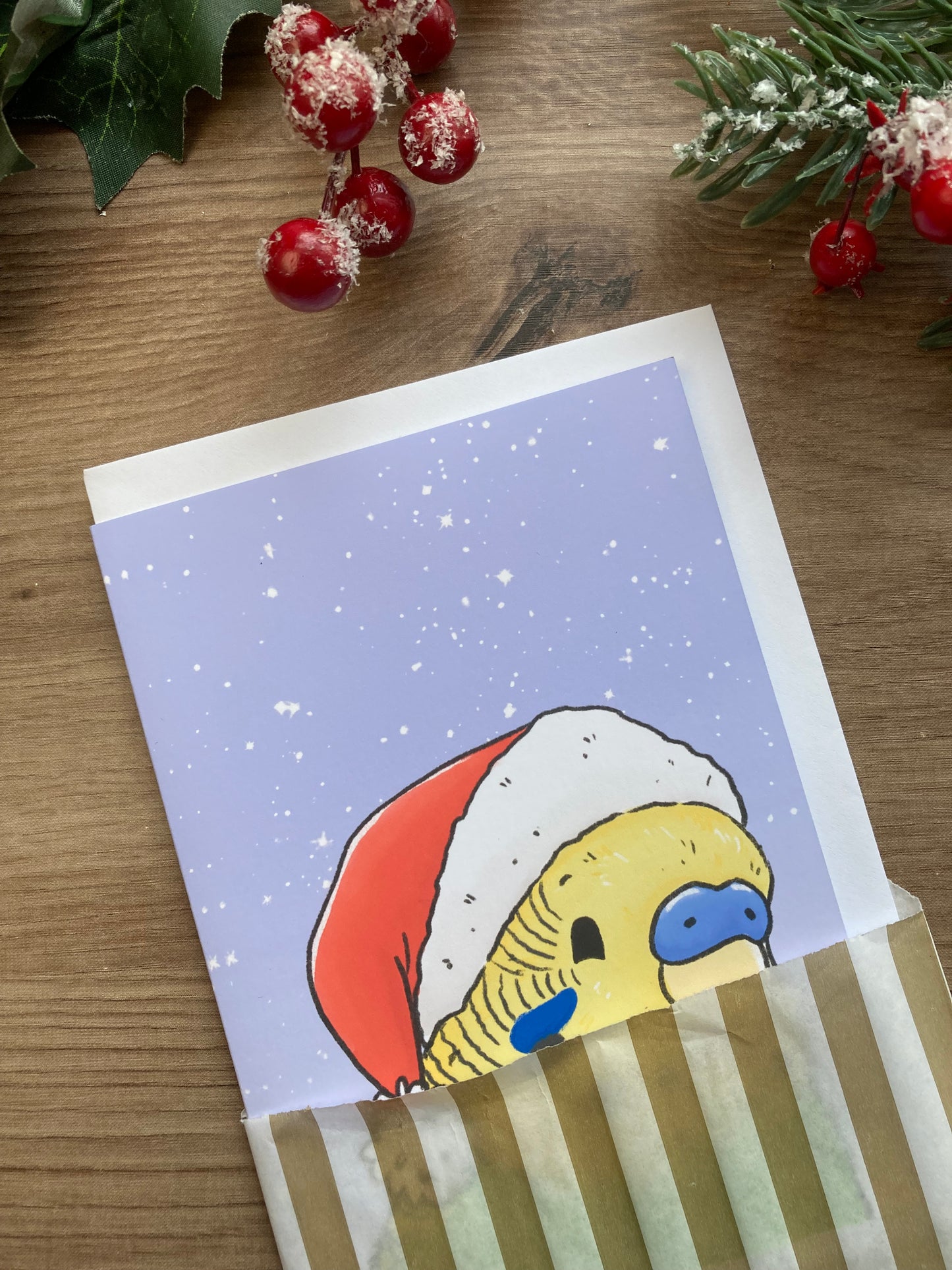Seasons Chirpings A6 Budgie Christmas Card - Blank Budgerigar Greeting Card - Green Budgie Gift
