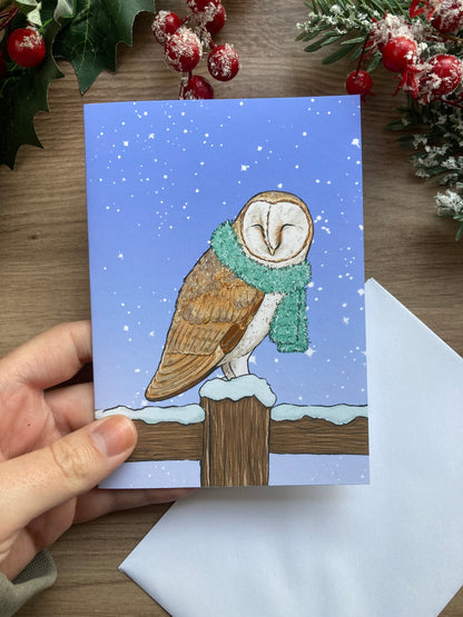 Barn Owl A6 Blank Greeting Card - Cute Owl In The Snow Christmas Card - Blank Winter Wildlife Card